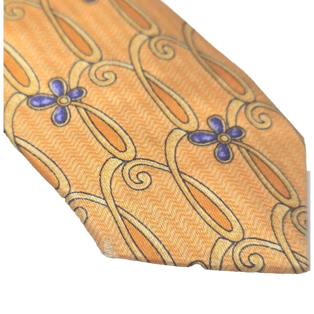 Faberge 100% Silk Tie D No. 086 Handmade in USA‎ Gold & Orange with Blue Flowers